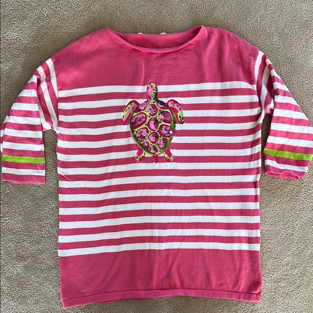 FUN Pink and White Striped Sweater with turtle Design